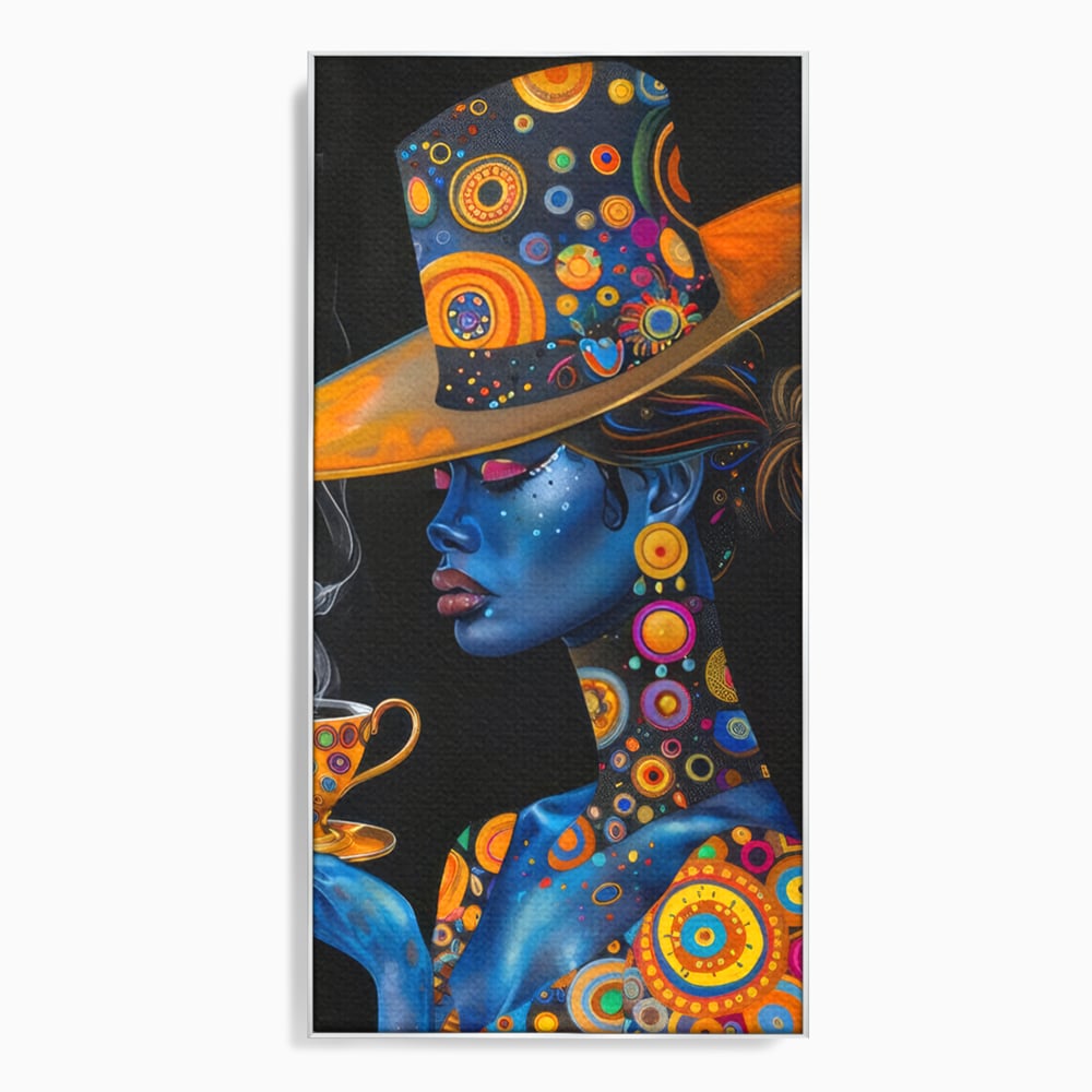 Tablou canvas cu tablou canvas cu portretul unei femei albastre, in rama de aluminiu argintiu